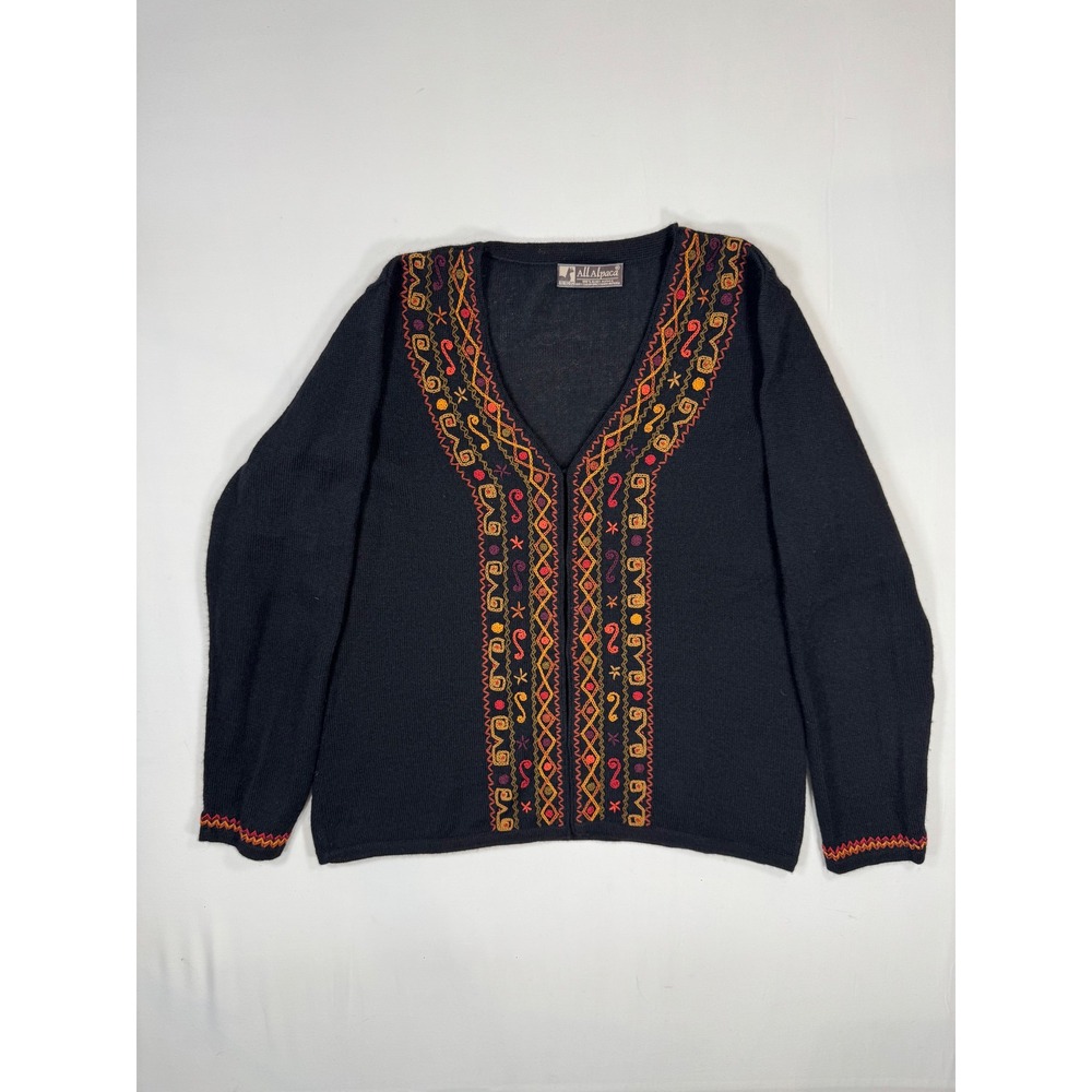 All Alpaca Sweater Cardigan Black Embroidered Baby Alpaca M Boho Folk Peru